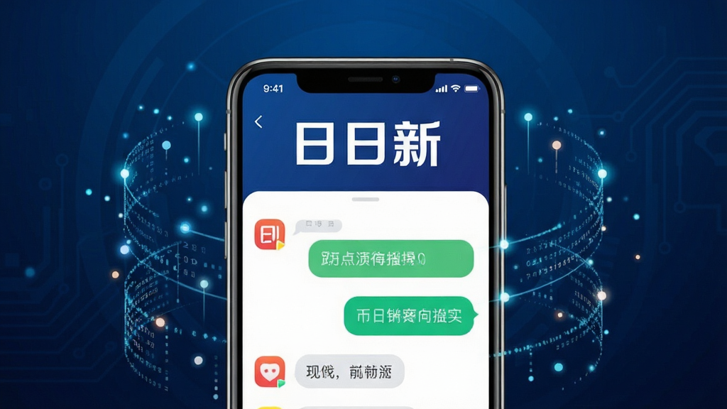 画面中央展示一部智能手机,手机屏幕上显示日日新APP的聊天交互界面,界面顶部有“日日新”三个大字,屏幕周围环绕着光点与数据流,背景为深蓝渐变科技感风格,主体突出手机与界面,布局居中对称,风格现代简洁,细节包括清晰的图标和对话气泡,画质高清,干净,无多余元素