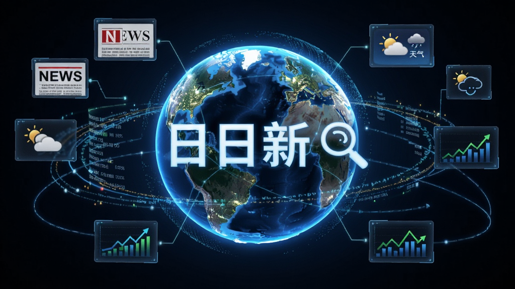 画面中央是一个发光的地球仪,地球表面浮现出“日日新”文字与搜索图标,周围有数据流连接着新闻、天气、股票等小窗口,主体为地球仪与信息流,布局环绕式,风格未来科技感,细节包括清晰的数据线条和图标,画质高清,干净,无多余元素