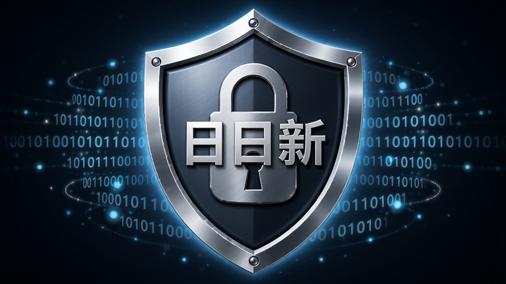 一个盾牌形状的安全图标,盾牌中央有“日日新”字样,盾牌表面有锁形图案,周围环绕着二进制代码与光点,主体为盾牌与安全符号,布局居中,风格简洁安全主题,细节包括金属质感与柔和光晕,画质高清,干净,无多余元素