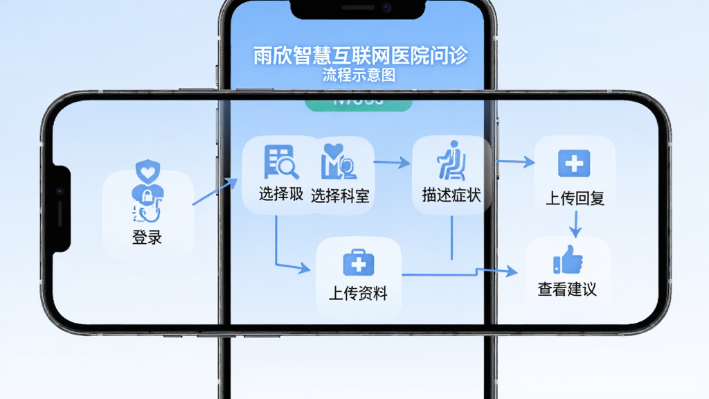 雨欣智慧互联网医院问诊流程示意图,画面为手机屏幕,屏幕内以流程图形式展示注册登录、选择科室、描述症状、上传资料、医生回复、查看建议等步骤,每个步骤配有简洁图标和文字说明,背景为淡蓝色与白色渐变,风格干净商务,画质清晰,无多余元素