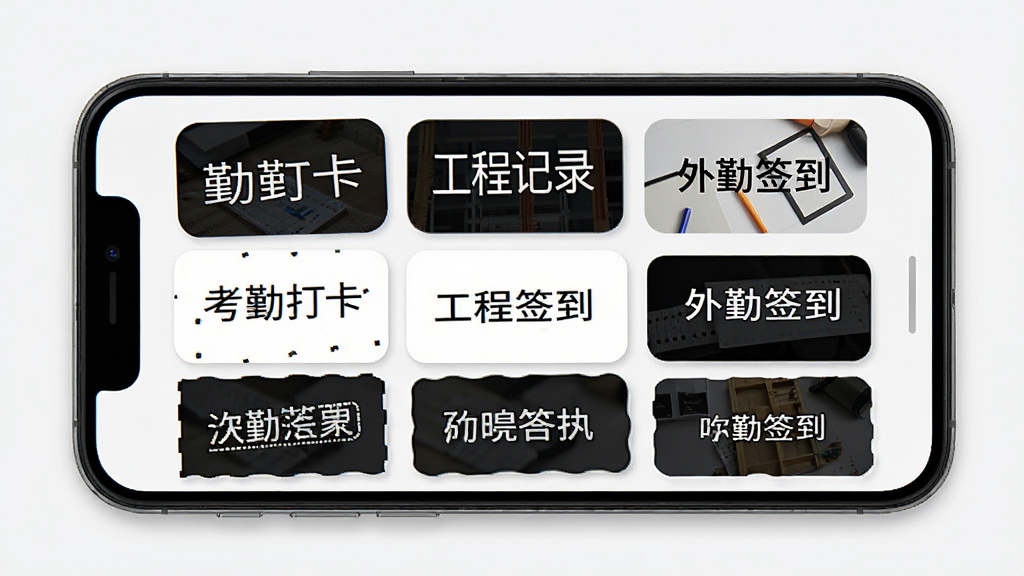 水印相机打卡照片水印模板选择界面,手机屏幕展示多个水印模板缩略图,包括考勤打卡、工程记录、外勤签到等样式,界面布局整齐,风格清爽,细节清晰,画质干净