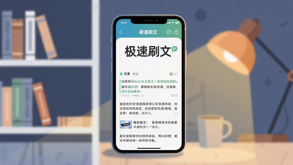 画面中央是一部智能手机,屏幕显示“极速刷文”APP的阅读界面,背景是简约的书架和暖色台灯,布局采用居中构图,风格为现代扁平化插画,细节包括手机边缘的光影和界面上的文字排版,画质高清,干净无多余元素