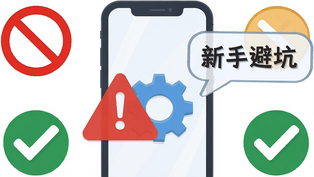 画面展示一部手机屏幕出现红色警告标志和蓝色优化齿轮,旁边有“新手避坑”文字气泡,布局为手机居中、图标环绕,风格为扁平化警示插画,细节包括红色禁止符号和绿色对勾,画质高清,干净无多余元素