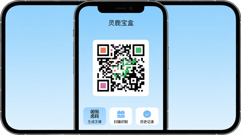 一张手机屏幕展示二维码生成工具界面,画面中央是“灵鹿宝盒”APP主界面,顶部显示软件名称“灵鹿宝盒”,中间展示一个彩色二维码图案,下方排列着生成二维码、扫描识别、历史记录等功能按钮,背景为浅蓝色渐变,整体风格清爽简约,UI设计干净,画质清晰,无多余元素
