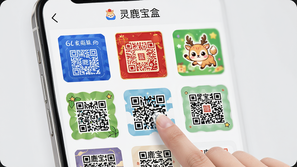手机屏幕展示“灵鹿宝盒”二维码美化模板选择界面,画面中排列着多个不同风格的二维码模板缩略图,包括商务蓝色、节日红色、卡通绿色等,用户正在点击其中一个模板,背景为浅灰色,界面整洁美观,画质高清