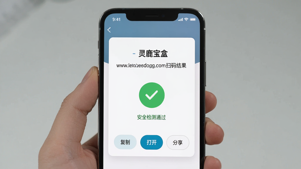 手机屏幕展示“灵鹿宝盒”扫码识别结果页面,画面中显示识别出的网址链接和“安全检测通过”的绿色标识,下方有复制、打开、分享等操作按钮,背景为白色卡片式布局,风格清爽,画质清晰