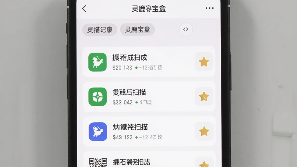 手机屏幕展示“灵鹿宝盒”历史记录页面,画面中按时间排列着多条二维码生成和扫描记录,每条记录左侧有类型图标,右侧有星标按钮,顶部有筛选标签,背景为白色简洁风格,画质清晰,界面干净