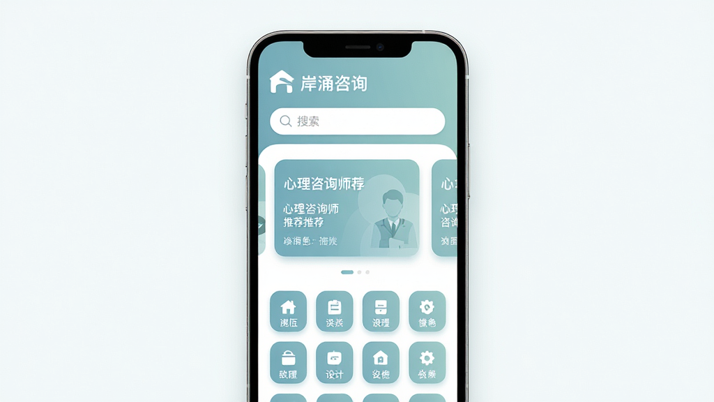 岸涌咨询软件界面全貌展示,主体为一部智能手机竖屏显示应用首页,布局上方是品牌Logo和搜索栏,中部为心理咨询师推荐卡片横向滑动区域,下方为功能分类图标网格,整体排版清晰简洁,风格为现代扁平化设计,细节包含柔和的蓝绿色调、圆角卡片、细腻阴影,画质高清,干净,无多余元素