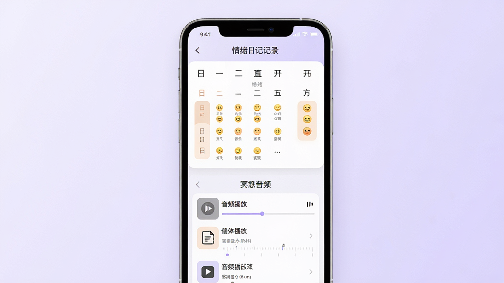 岸涌咨询心理自助工具功能界面,主体为手机屏幕展示情绪日记记录页面与冥想音频播放器,布局为上下分栏,上半部分为日历式情绪打卡区域,下半部分为音频播放列表,排版简洁直观,风格为治愈系柔和色调,细节包含心情表情图标、播放进度条、时间轴标记,背景为淡紫色渐变,画质高清,干净,无多余元素