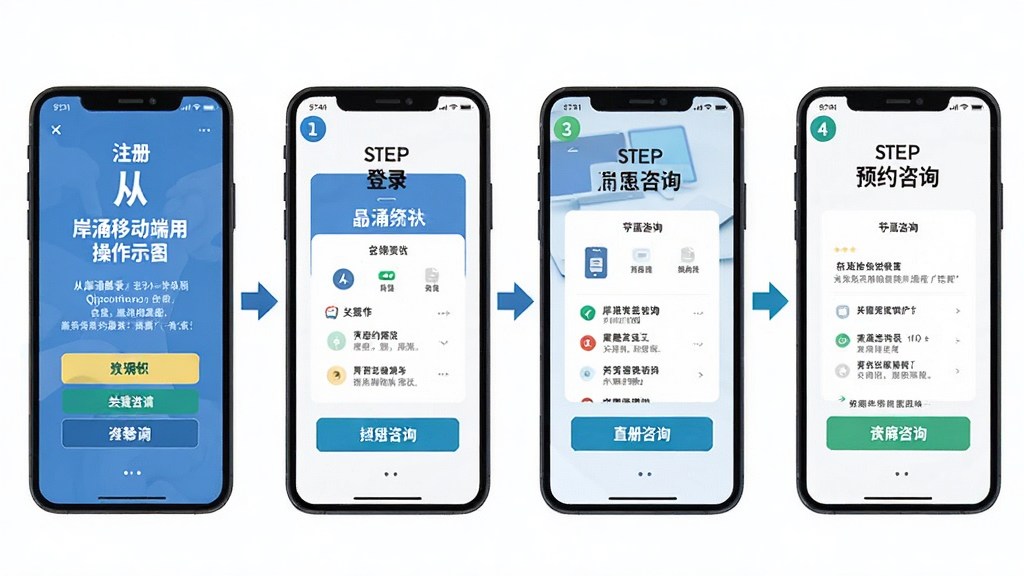 岸涌咨询移动端使用操作示意图,主体为手机屏幕展示从注册登录到预约咨询的完整流程,布局为四步分镜排列,排版清晰有序,风格为扁平化教程图解,细节包含箭头指示、步骤编号、关键按钮高亮,背景为白色,画质高清,干净,无多余元素