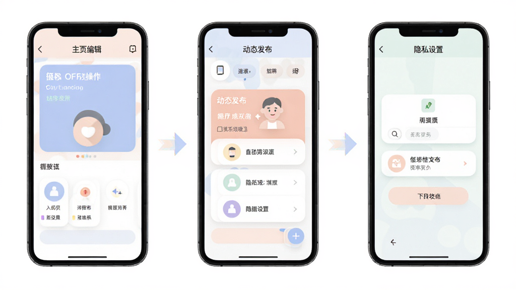 SHOW OFF 软件功能操作流程图,画面以手机屏幕形式展示主页编辑、动态发布、隐私设置三个步骤,风格扁平化信息图,色彩柔和,布局清晰,画质高清,干净,无多余元素