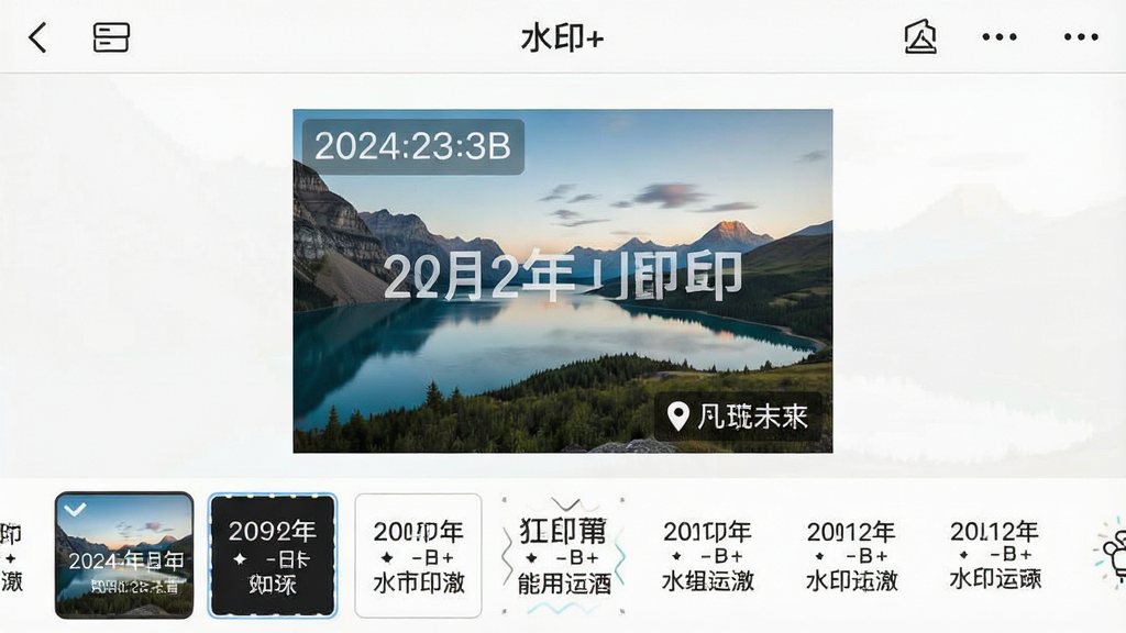 一张手机相册编辑界面的图片,画面中显示一张风景照片正在被编辑,照片上叠加了半透明的日期和地点水印文字,屏幕下方有多个水印模板缩略图供选择,界面顶部显示