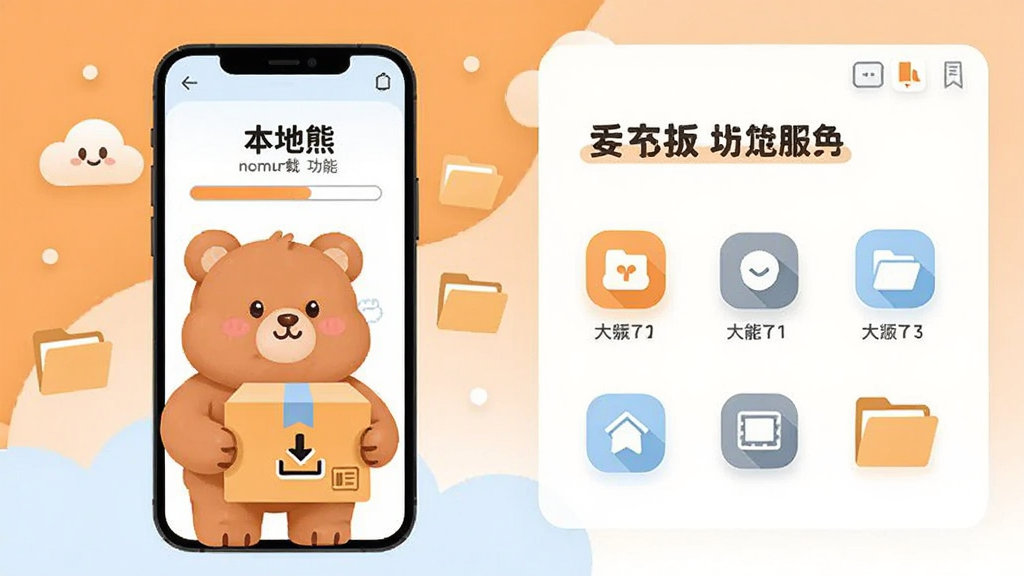 整体画面以手机应用界面展示为主,主体是一只可爱的卡通熊形象位于画面中央偏左位置,手持一个带有下载箭头的包裹站在手机屏幕旁边;布局采用左右分栏结构,左侧为手机界面展示区,右侧为功能说明区域;排版整齐,上方标题区域留白,中部展示核心功能图标;风格为扁平化现代科技风,色彩以暖橙色和浅蓝色为主;细节包括手机屏幕内显示