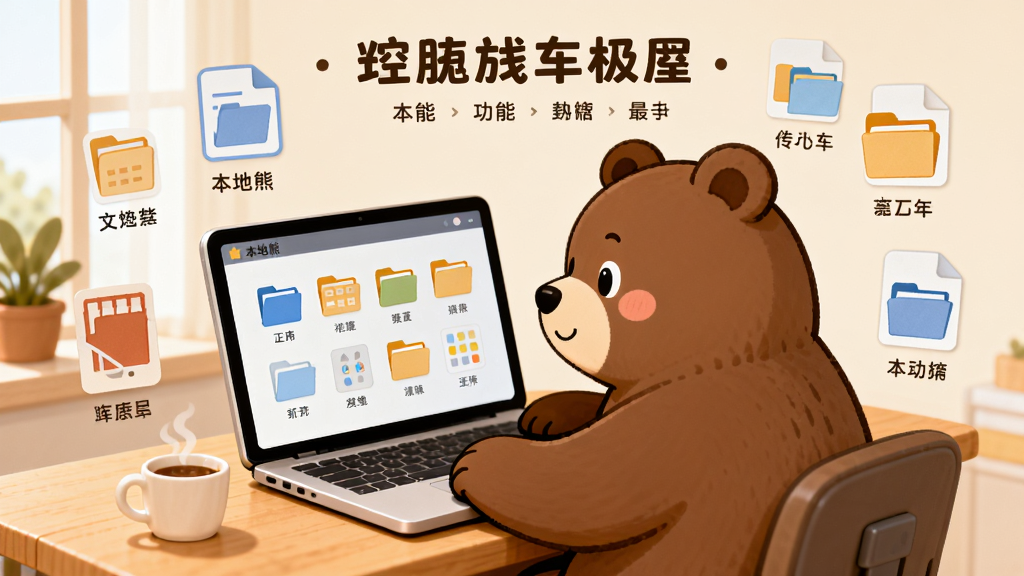 画面主体为一只卡通熊坐在书桌前操作笔记本电脑,屏幕上显示分类整齐的文件图标和文件夹;布局采用居中构图,熊在画面中央,四周环绕漂浮着不同格式的文件图标;排版上标题位于顶部,功能标签分布在图标下方;风格为温馨卡通插画风,色调以米白色和浅木色为主;细节包括桌面上放着一杯热饮,窗外有绿植,屏幕中显示