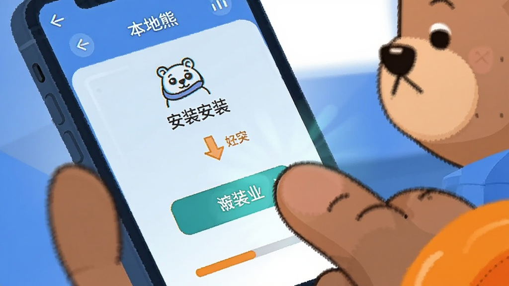 画面主体为一只卡通熊用手指点击手机屏幕上的安装按钮,手机屏幕发出柔和的光芒;布局采用特写视角,熊的手指和手机屏幕占据画面主要位置;排版简洁,上方留有空白区域,下方有进度条元素;风格为扁平化科技插画风,色彩以蓝色和橙色为主;细节包括屏幕中显示