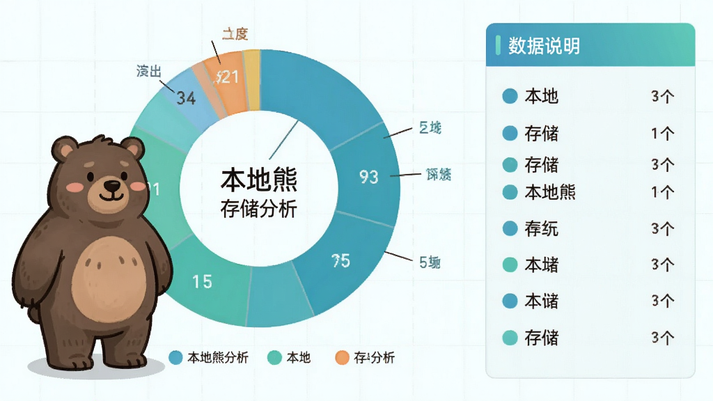 画面主体为一只卡通熊站在一个巨大的环形图表旁边,图表显示不同颜色的存储占比区块;布局为左右结构,左侧是熊和图表,右侧是数据说明面板;排版清晰,图表下方有图例标注;风格为数据可视化风格,色调以蓝绿色系为主;细节包括图表中标注