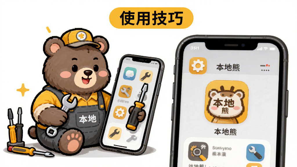 画面主体为一只卡通熊坐在手机旁边,手持扳手和螺丝刀,正在检修手机屏幕上的应用图标;布局采用左右结构,左侧为熊和工具,右侧为手机屏幕特写;排版简洁,上方有