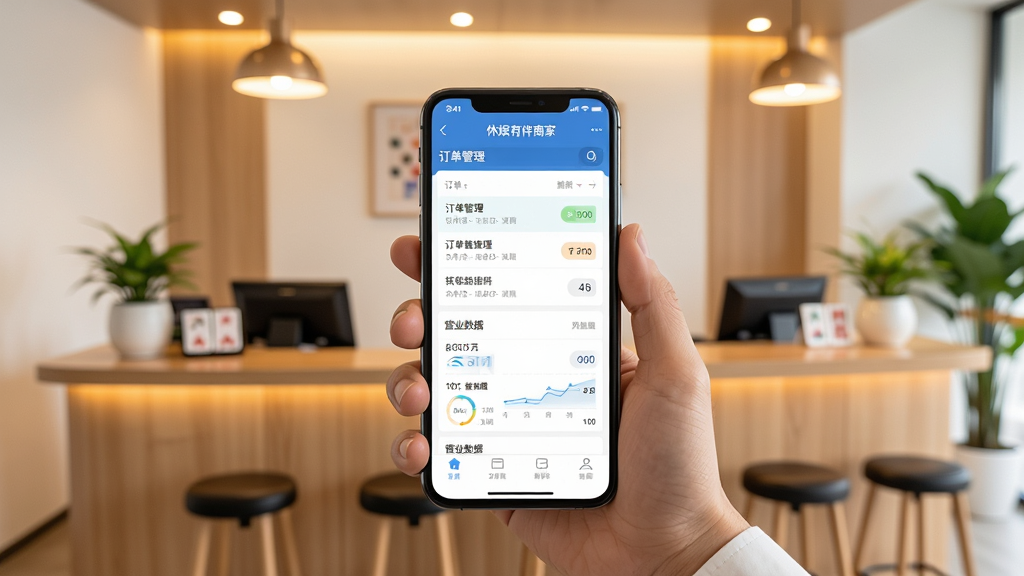 休闲娱乐门店经营者手持智能手机查看休娱有伴商家版应用界面,背景为明亮整洁的棋牌室前台,画面主体突出手机屏幕上的订单管理列表和营业数据图表,布局采用中心构图,风格为现代商务写实,细节包含木质吧台、绿植装饰和柔和的暖色灯光,画质清晰干净,无多余元素