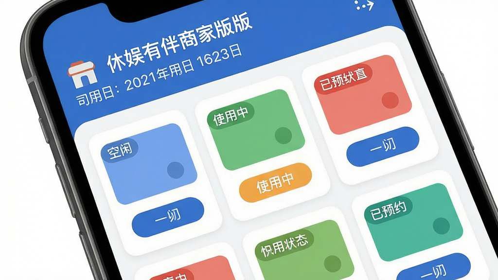 休娱有伴商家版应用内房台管理界面展示,画面主体为手机屏幕特写,屏幕上清晰呈现多个房间卡片状态标识,包含空闲、使用中、已预约等不同颜色标签,布局为上下结构,上方为门店名称和日期,下方为房台网格列表,风格为扁平化UI设计展示,细节包含圆角卡片、状态色块和操作按钮,画质干净清晰,无多余元素