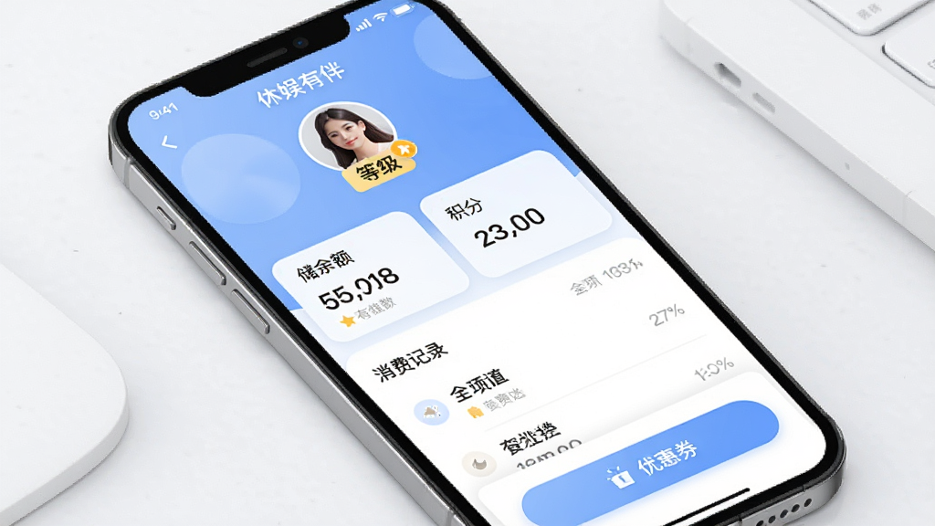 休娱有伴商家版会员管理功能展示图,画面主体为手机屏幕上的会员信息详情页,布局采用上下分区,上方显示会员头像和等级标签,中部展示储值余额和积分数据,下方为消费记录列表和优惠券发送按钮,风格为清新简约的移动应用界面,细节包含柔和的蓝色主色调、圆角图标和清晰的数据排版,画质干净无杂乱元素