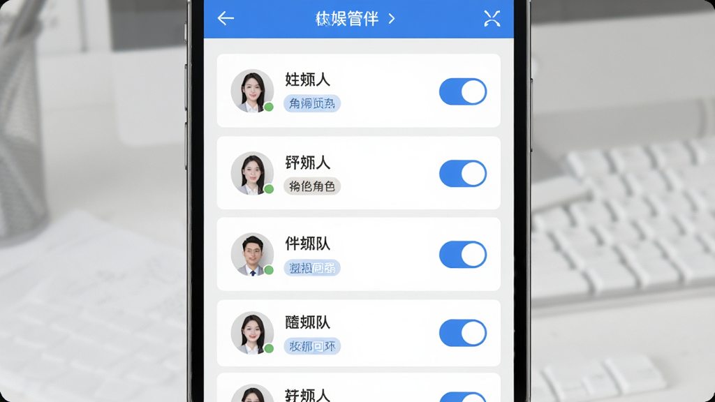 休娱有伴商家版多员工协同管理界面,画面主体为手机屏幕上的员工列表和权限设置页面,布局为纵向排列的员工信息卡片,每张卡片包含姓名、角色标签和权限开关,风格为商务办公类应用界面,细节包含清晰的图标、灰色分割线和蓝色高亮按钮,画质干净整洁,无多余装饰元素
