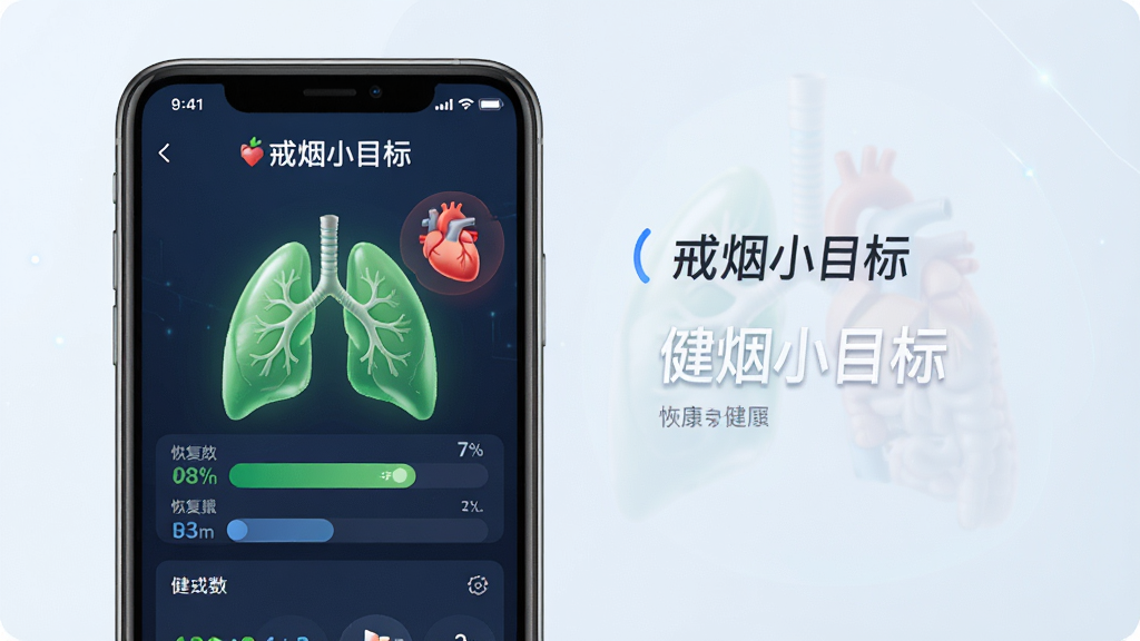 一款名为“戒烟小目标”的手机应用健康数据页面,主体为手机屏幕内显示人体器官恢复进度图表,布局为左图右文,风格科技健康风,细节包含绿色肺部和红色心脏图标,画质清晰干净无多余元素