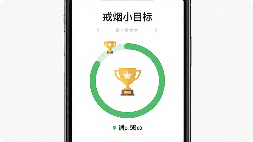 一款名为“戒烟小目标”的手机应用目标设定界面,主体为手机屏幕显示进度环和里程碑标记,布局为居中排版,风格扁平化设计,细节包含绿色进度条和金色奖杯图标,画质高清干净无多余元素