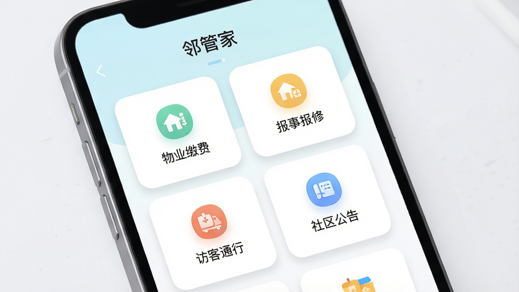 一款名为“邻管家”的手机应用界面展示图,主体为一部现代智能手机,屏幕中显示社区服务首页,包含物业缴费、报事报修、访客通行、社区公告等图标模块,布局清晰整齐,排版采用卡片式设计,风格为清新简约的扁平化UI风格,细节上带有柔和的阴影和圆角元素,画质高清,画面干净,无多余元素