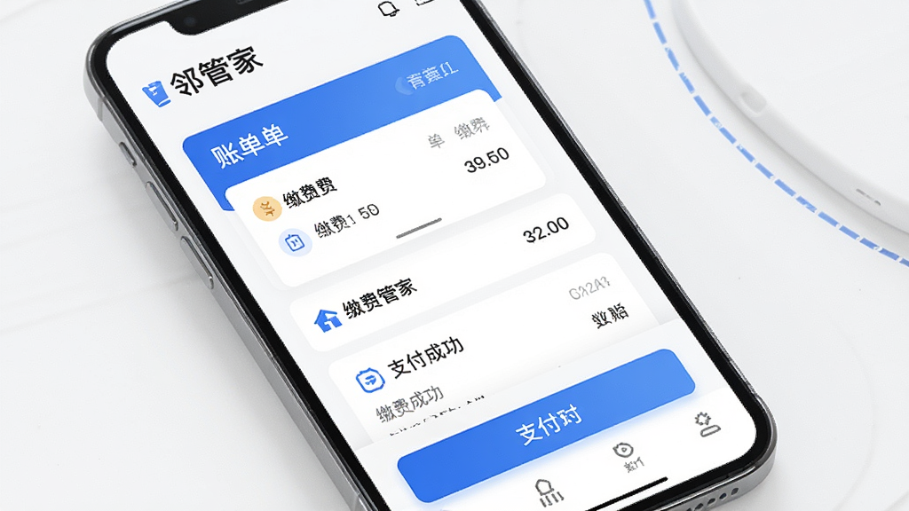 生成一张展示“邻管家”物业缴费功能的手机界面图,主体为手机屏幕特写,屏幕中显示缴费项目列表和支付成功页面,布局采用上下结构,上方为账单卡片,下方为支付按钮,排版简洁,风格为现代科技感扁平设计,细节上带有蓝色主色调和白色背景,画质高清,画面干净,无多余元素