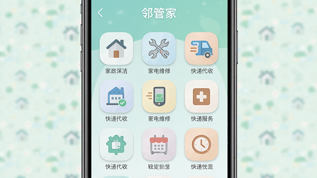 生成一张展示“邻管家”周边生活服务功能的手机界面图,主体为手机屏幕中显示家政保洁、家电维修、快递代收等服务图标网格,布局为九宫格排列,排版均匀,风格为清新生活化扁平设计,细节上带有圆角图标和柔和配色,画质高清,画面干净,无多余元素