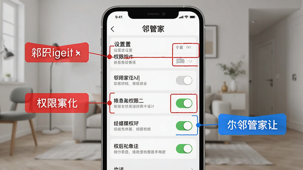 生成一张展示“邻管家”新手操作指引的示意图,主体为手机屏幕中显示设置菜单与权限开关,布局为纵向列表,排版清晰,风格为简洁教程风格,细节上带有红色和蓝色标注框,画质高清,画面干净,无多余元素