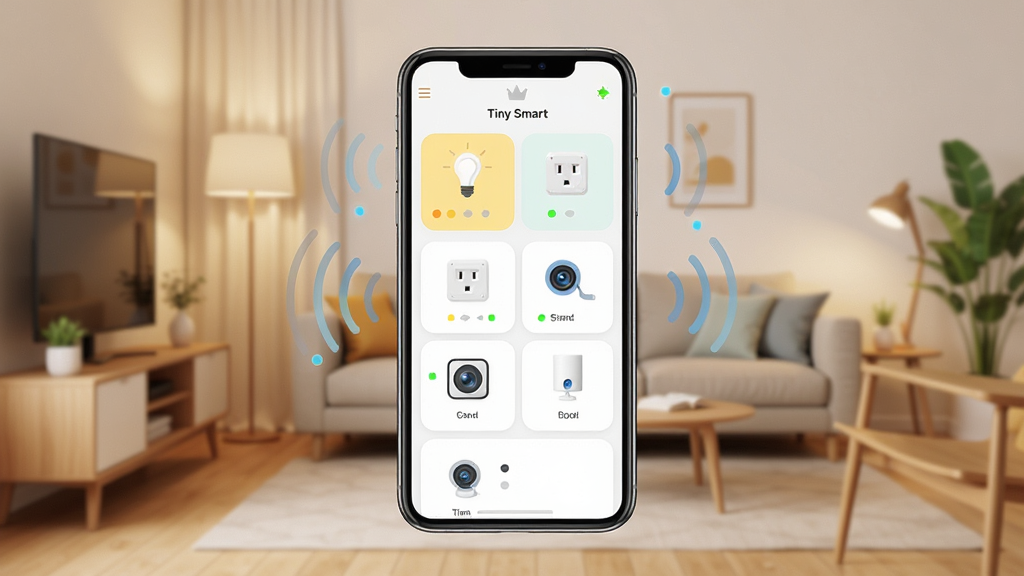 一张展示 Tiny Smart 应用核心界面的概念图,画面中央是一部竖屏智能手机,屏幕上显示着智能家居设备卡片列表,包括灯泡、插座、摄像头图标,背景是温馨的现代客厅环境,布局简洁,风格为扁平化科技感,细节包含设备状态指示灯与连接信号波纹,画质清晰,干净,无多余元素。