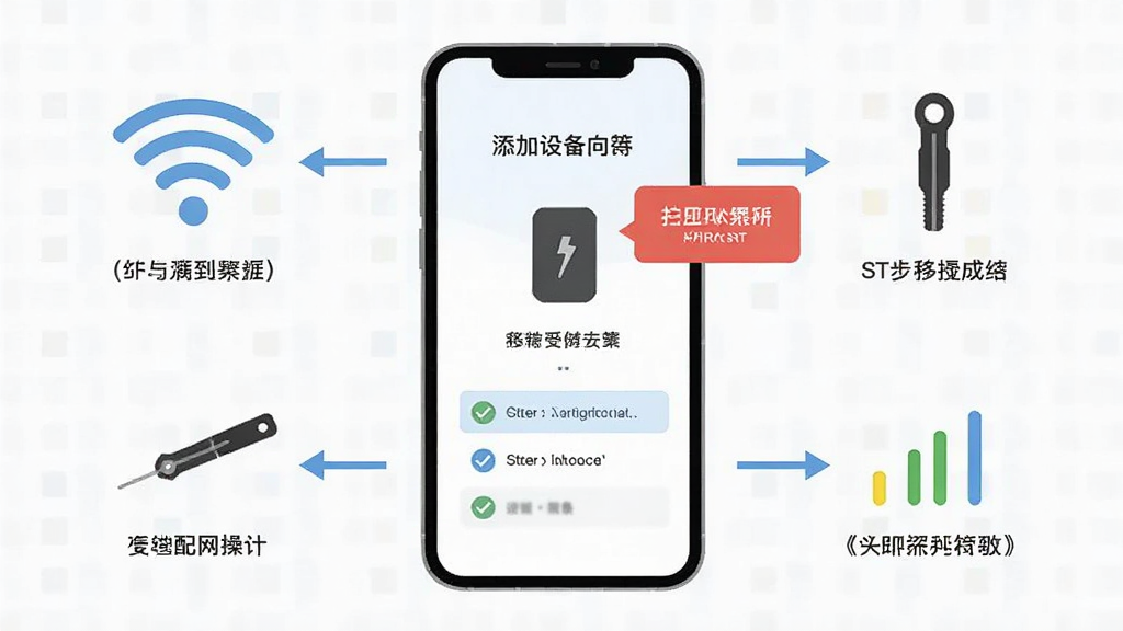 一幅展示 Tiny Smart 移动端配网操作步骤的示意图,主体是手机屏幕显示添加设备向导界面,周围环绕着 Wi-Fi 图标、设备重置针、信号强度指示,布局为分步流程图样式,风格为扁平化教程风,细节包含勾选步骤与错误提示气泡,画质清晰,干净,无多余元素。