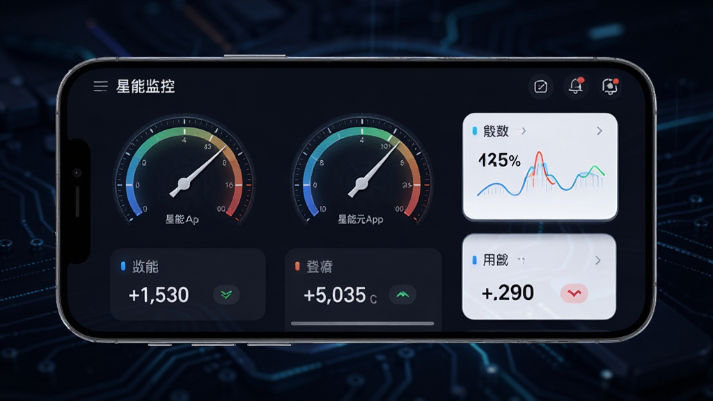 一部手机横屏展示星能元App的数据监控页面,页面中有多个仪表盘和数字卡片,背景是深色科技感渐变,主体为手机屏幕上的数据界面,布局为手机居中,风格为现代科技感,细节上仪表盘指针清晰、数字明亮,画质高清,干净,无多余元素
