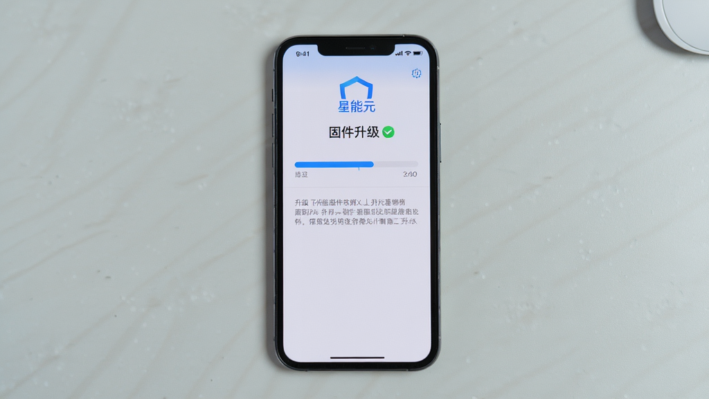 手机屏幕上显示星能元App的固件升级界面,有进度条和升级说明文字,背景是浅灰色桌面,主体为手机屏幕,布局为居中,风格为简洁工具风,细节上进度条为蓝色、文字清晰,画质高清,干净,无多余元素