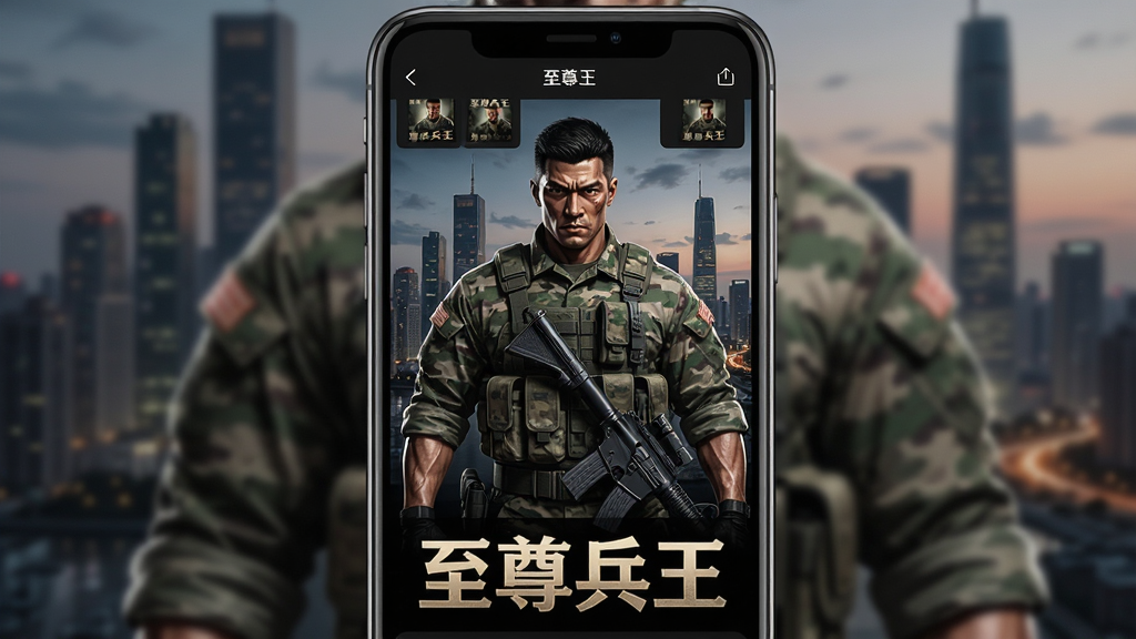 手机屏幕竖屏展示一款名为“至尊兵王”的小说阅读应用界面,画面中央是穿着迷彩服的硬汉军人形象,背景是繁华都市天际线,应用界面采用深色护眼模式,书架排列整齐,底部有“至尊兵王”四个大字,整体风格硬朗热血,排版简洁清晰,画质高清,干净无多余元素