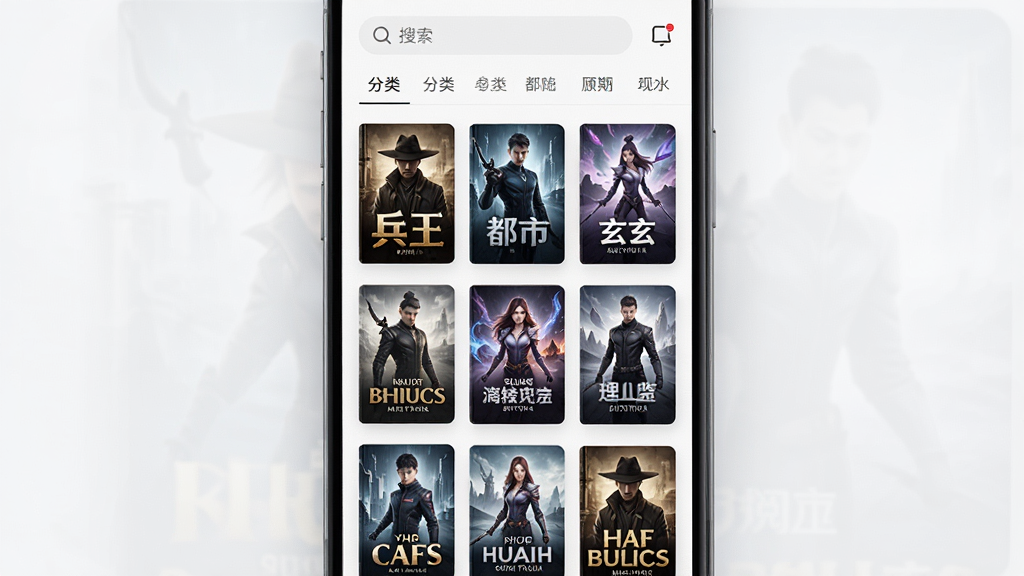 阅读类手机应用界面展示,画面中一本本小说封面如瀑布流般排列,封面风格多样,有兵王、都市、玄幻等题材,界面顶部有搜索栏和分类标签,整体布局整齐,风格现代简约,画质清晰,干净无多余元素