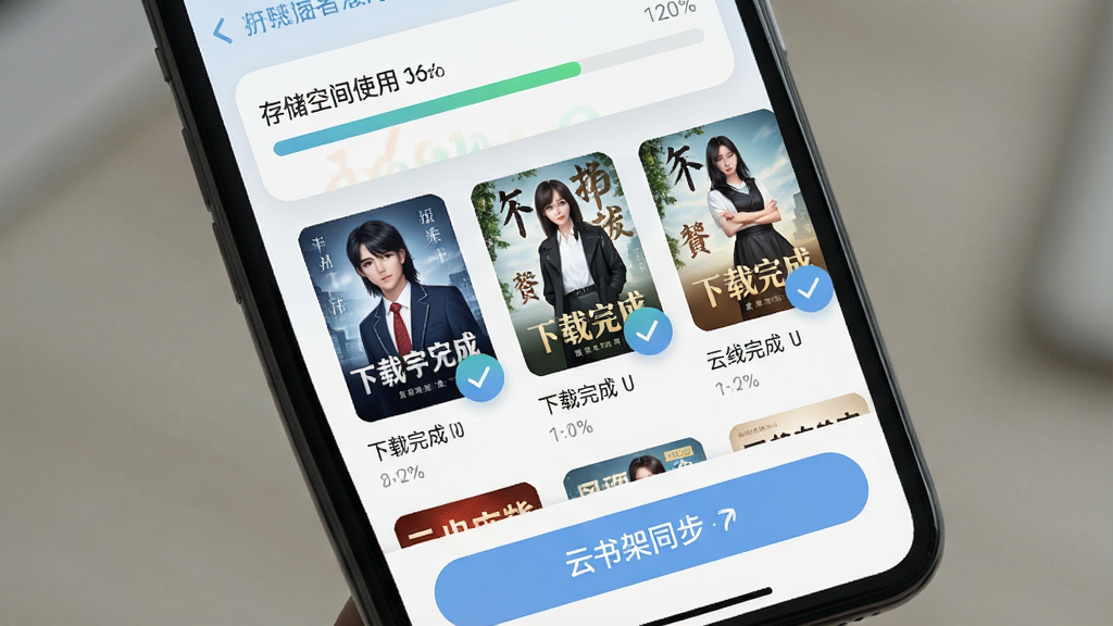 手机界面展示离线下载管理页面,画面中多本小说封面带有下载完成的对勾图标,顶部显示存储空间使用情况,底部有“云书架同步”按钮,界面风格清爽,配色柔和,画质高清,干净无多余元素