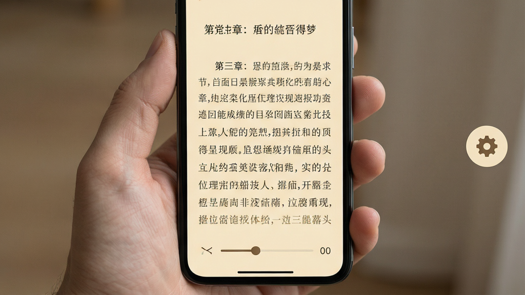 手机屏幕显示小说阅读界面,背景为米黄色护眼模式,文字清晰排版整齐,顶部有章节标题,底部有翻页进度条,画面右侧悬浮着设置齿轮图标,整体风格简洁舒适,画质高清,干净无多余元素