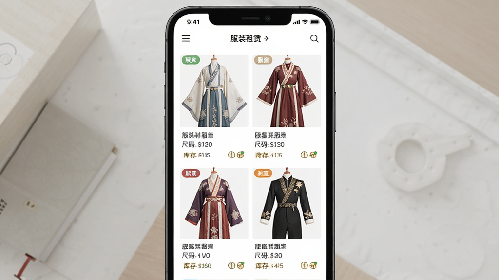 一张服装租赁平台服饰展示页面的场景图,画面主体为手机屏幕,屏幕上整齐排列多套不同风格的汉服和礼服,每套服装配有名称、尺码和租金信息。布局采用网格排列,风格清新简约,细节包括服装纹理、颜色分类标签、库存状态图标,画质清晰,干净,无多余元素。