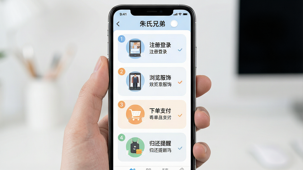 一张手机APP新手操作引导页面的场景图,画面主体为手机屏幕,屏幕显示“朱氏兄弟”使用教程界面,包含注册登录、浏览服饰、下单支付、归还提醒四个步骤图示。布局为纵向排列,风格友好清晰,细节包括步骤编号、图标示意、文字说明,画质高清,干净,无多余元素。