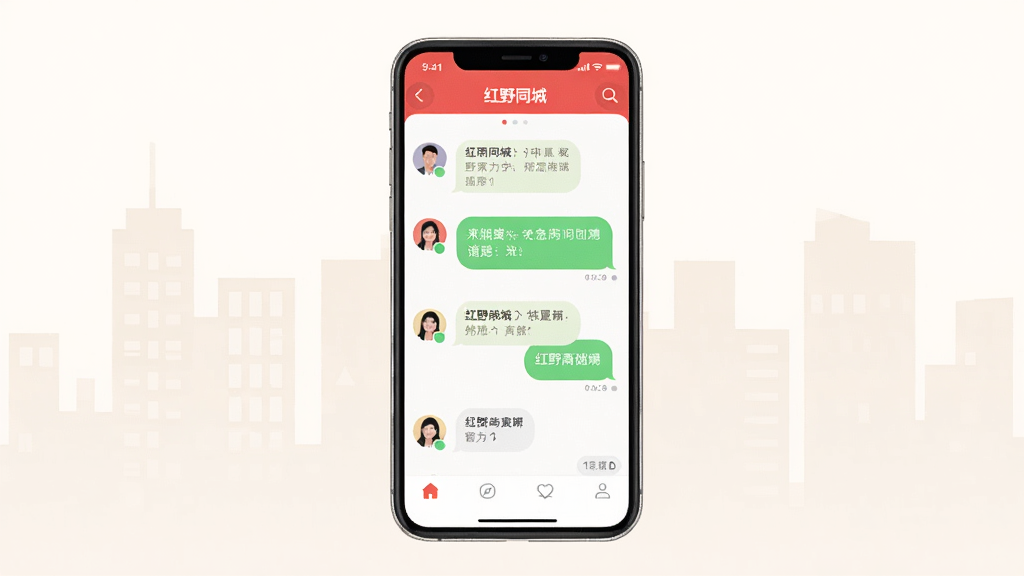 主体为一部智能手机屏幕,屏幕上显示红野同城APP的聊天界面,包含头像列表与消息气泡,布局为手机居中放置,背景为浅色城市剪影,排版简洁,风格为现代扁平化UI风格,细节包括聊天气泡、底部导航栏、搜索图标,画质清晰干净,无多余元素