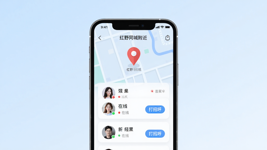 主体为手机屏幕展示红野同城附近的人功能界面,屏幕上显示地图定位图标与用户头像卡片列表,布局为手机正面展示,背景为淡蓝色渐变,排版清晰,风格为科技感扁平设计,细节包括距离标签、在线状态圆点、打招呼按钮,画质高清干净,无多余元素