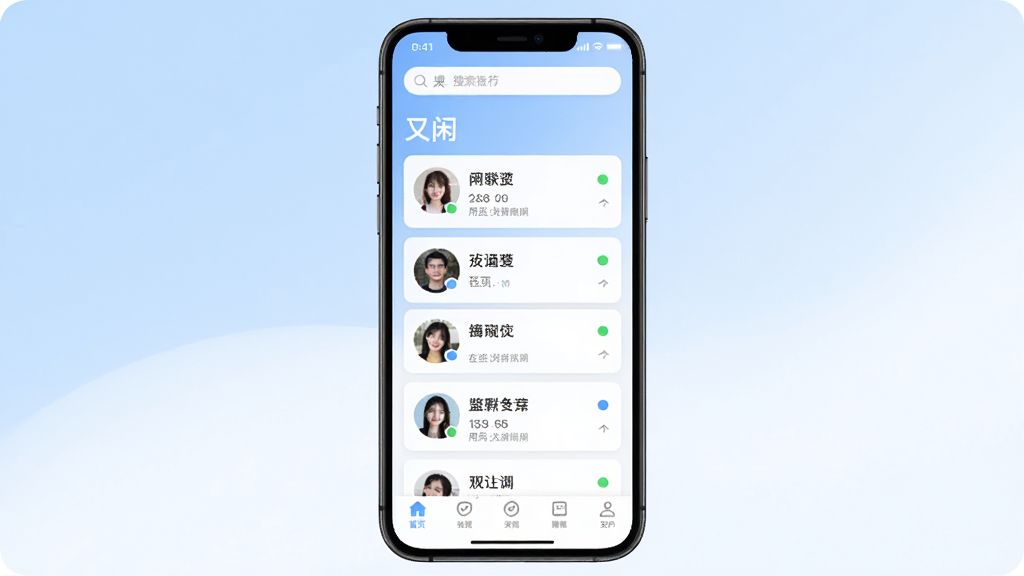 一张展示“又闲”交友应用主界面的手机预览图,画面中央是一部现代智能手机,屏幕显示“又闲”应用的用户推荐列表,包含多个用户头像卡片和在线状态标识,背景为柔和的浅蓝与白色渐变,整体风格清新简洁,细节包括底部导航栏和顶部搜索框,画质清晰,干净无多余元素