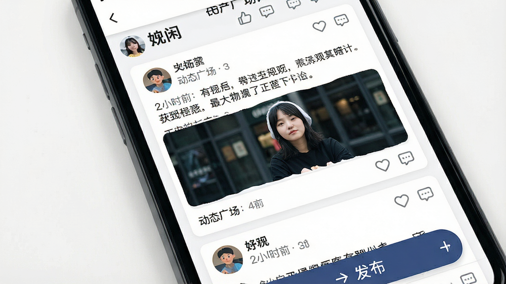一张展示“又闲”动态广场页面的手机截图风格图片,画面中手机屏幕显示瀑布流式的用户动态卡片,每张卡片包含用户头像、昵称、发布时间、文字描述和配图,部分卡片有点赞和评论图标,背景为纯白色,整体风格简洁现代,细节包括顶部“动态广场”标题和底部发布按钮,画质清晰,干净无多余元素