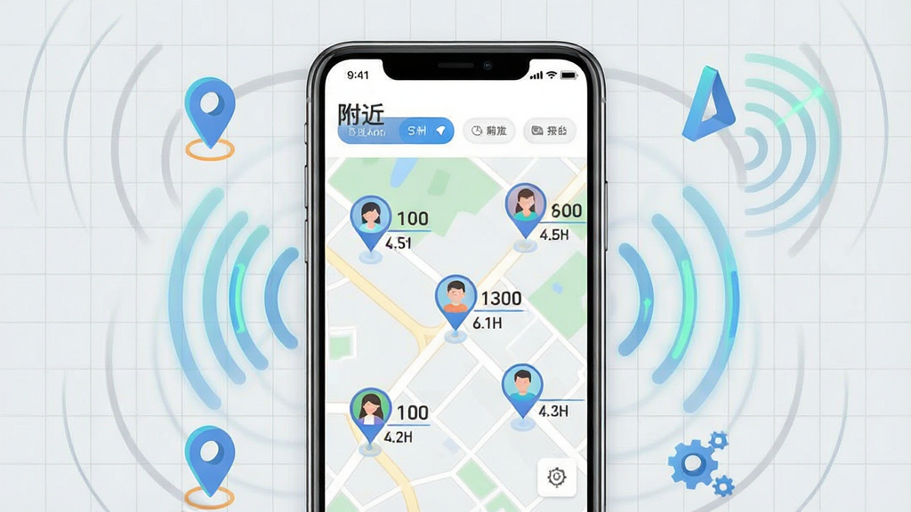 一张表现“又闲”附近的人功能的示意图,画面中心是一个手机屏幕,屏幕内显示地图背景上分布着多个用户头像标记,每个标记旁有距离数值,手机周围环绕着定位图标和雷达波纹,背景为浅灰色网格,风格偏向科技感与清新感结合,细节包括屏幕顶部的“附近”标签和筛选按钮,画质清晰,干净无多余元素