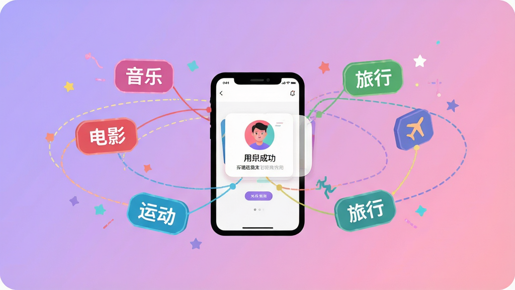 一张展示“又闲”兴趣标签匹配机制的创意图片,画面中多个彩色标签如“音乐”“电影”“运动”“旅行”等围绕着一个中心手机图标旋转排列,手机屏幕显示匹配成功的用户卡片,背景为柔和的紫色与粉色渐变,风格活泼明快,细节包括标签之间的连线表示匹配关系,画质清晰,干净无多余元素