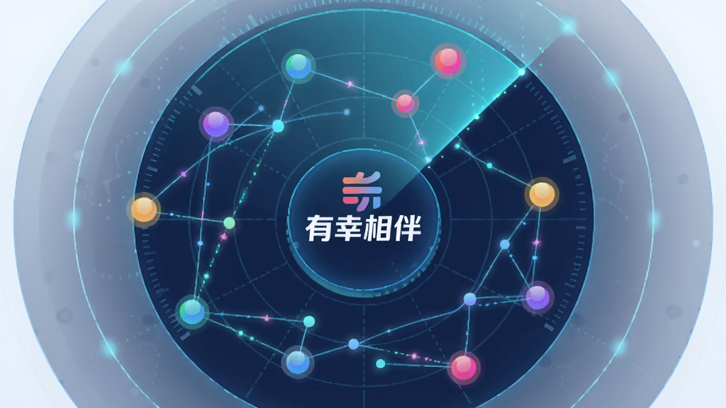 一张展示“有幸相伴”智能兴趣匹配功能的图片,画面中是一个雷达扫描风格的圆形界面,中心是“有幸相伴”的Logo,周围散布着代表不同用户的彩色圆点,圆点之间有细线连接形成网络。布局为居中圆形构图,雷达波纹向外扩散。风格为未来科技感插画,细节上圆点有渐变色彩,连接线有发光效果。画质清晰,干净,无多余元素。