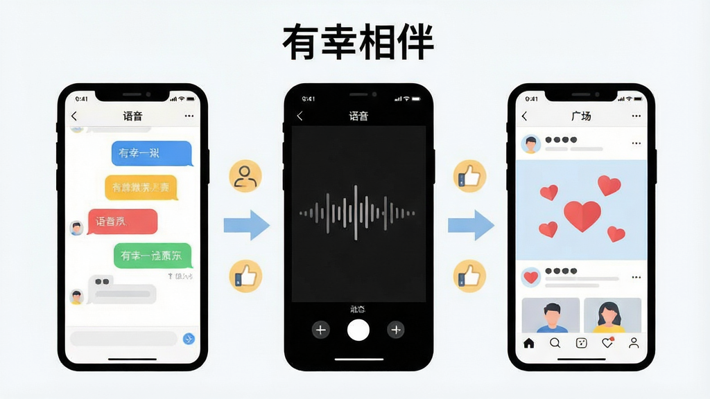 一张展示“有幸相伴”多样化互动方式的图片,画面中并排展示三个手机屏幕,分别显示文字聊天界面、语音消息界面和动态广场界面,屏幕之间有箭头和图标连接。布局为横向排列,三个手机等距分布。风格为清新扁平插画,细节上聊天界面有彩色气泡,语音界面有声波图案,动态界面有点赞爱心。画质清晰,干净,无多余元素。
