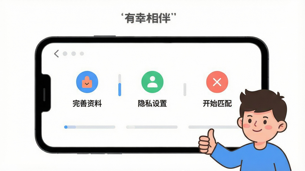 一张展示“有幸相伴”新手使用指南的图片,画面中是一个手机屏幕,屏幕上显示着设置向导的步骤条,包含“完善资料”“隐私设置”“开始匹配”三个步骤,每个步骤配有图标和简短文字说明,手机旁边有一个卡通人物竖起大拇指。布局为居中构图,手机位于画面中央,卡通人物在右下角。风格为友好亲切的扁平插画,细节上步骤条有进度指示,图标色彩鲜明。画质清晰,干净,无多余元素。